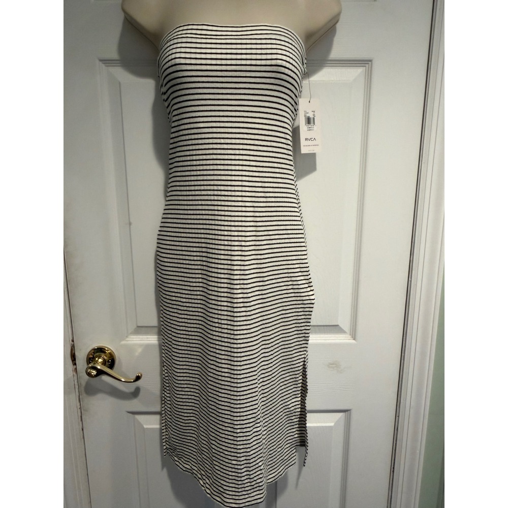 RVCA Steady Dress Off White Black Striped Strapless Ribbed Cutout Midi XS NWT